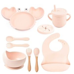 10 Pcs Cute Silicone Baby Feeding Dish Set | Suction Plate Bowl Bib Cup Utensils